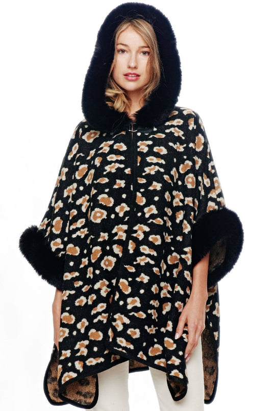 Leopard Faux Fur Hoodie Cape
