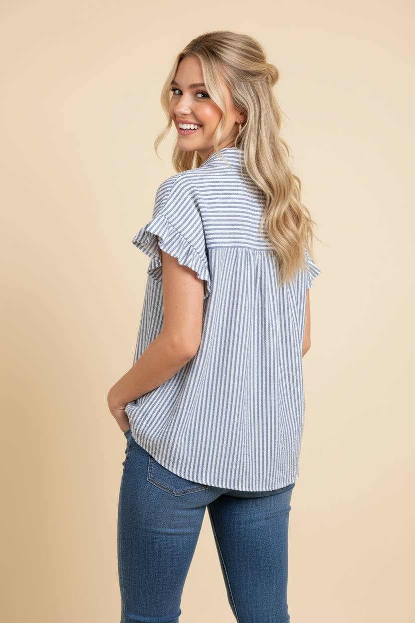 Striped Ruffle Sleeve Button-Down Shirt