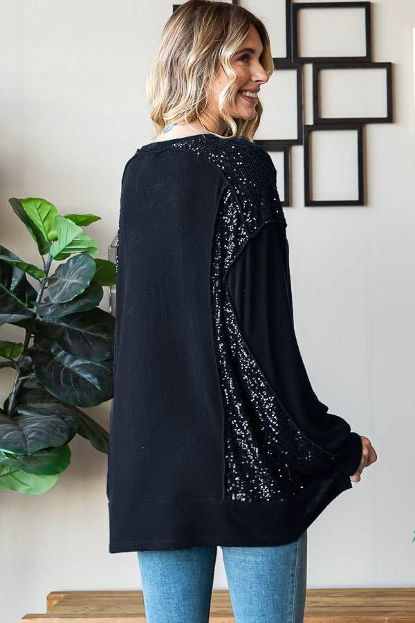 Brushed Drop Shoulder Sequin Contrast Pullover Top T5400