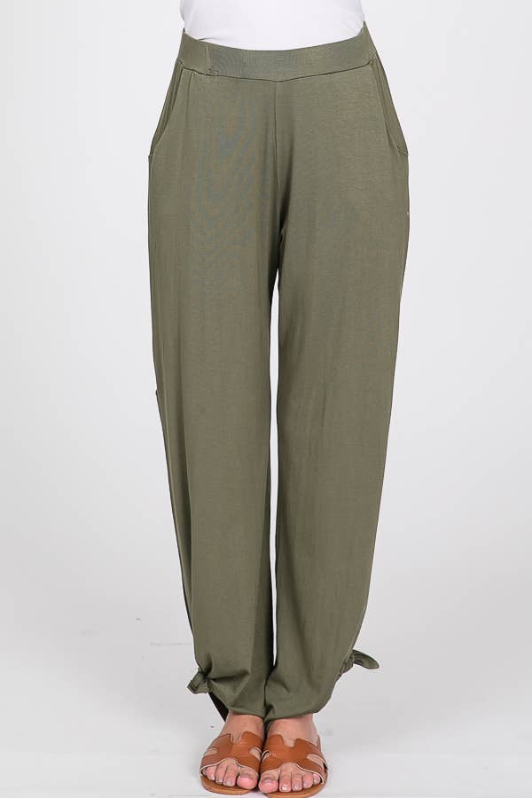 Solid Elastic Waist Side Slit Ankle Tie Pants