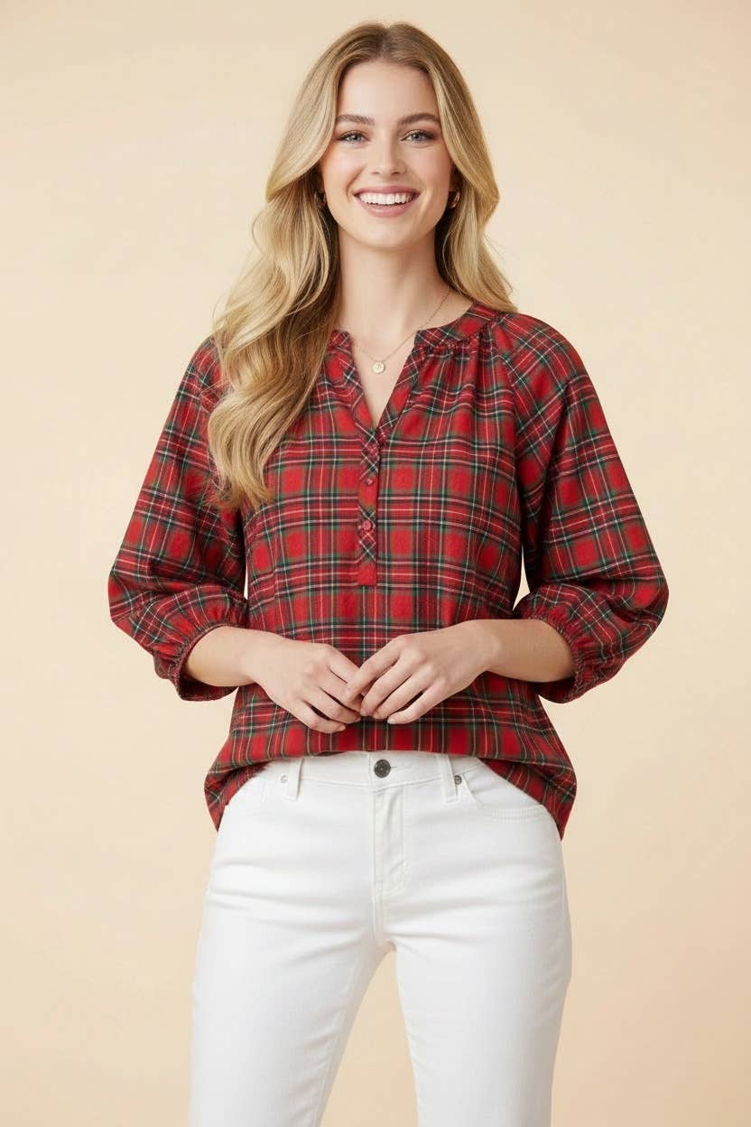Plaid Split Neck Button Top