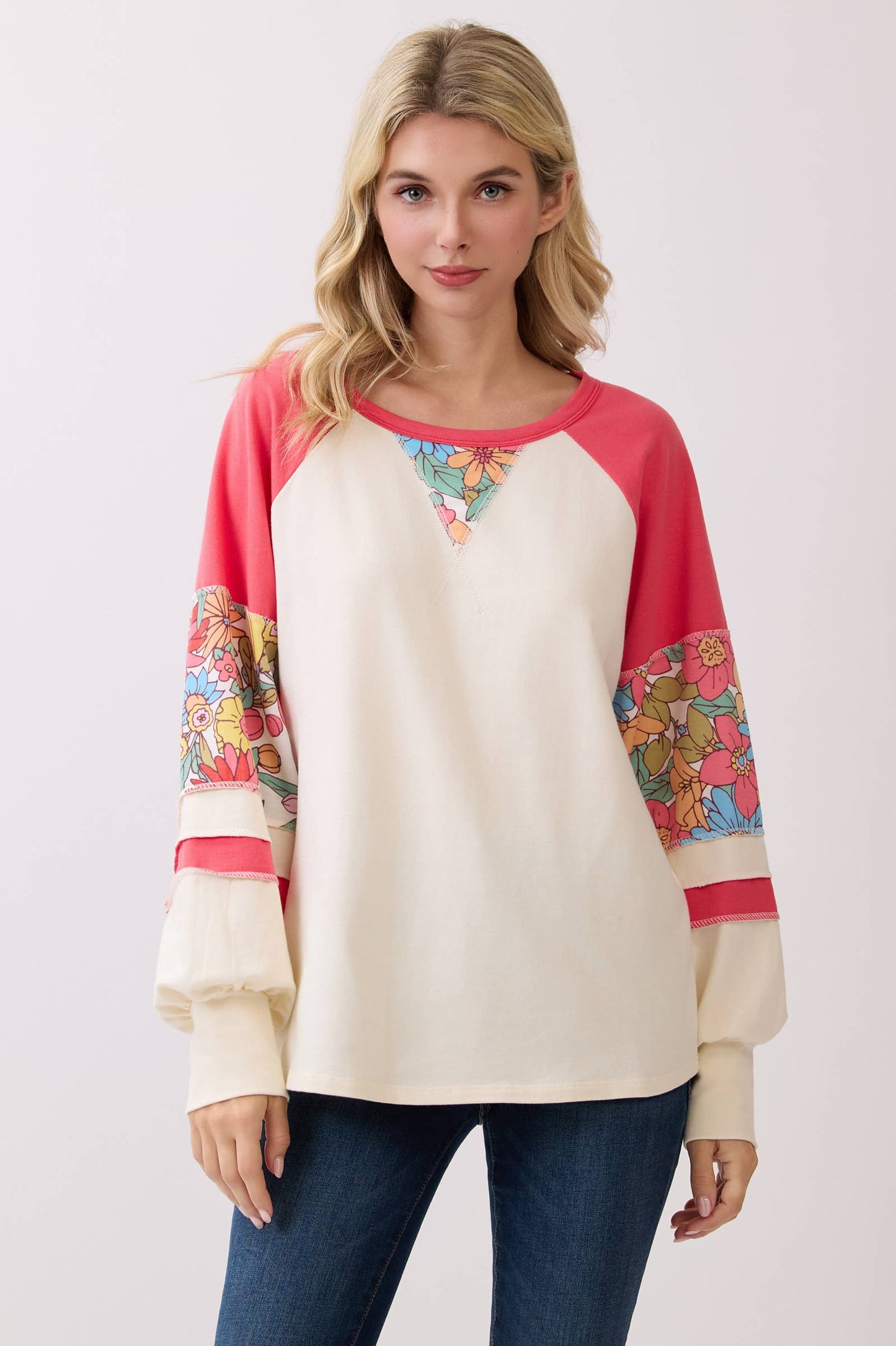 Floral Contrast Color Block Pullover Top Curvy