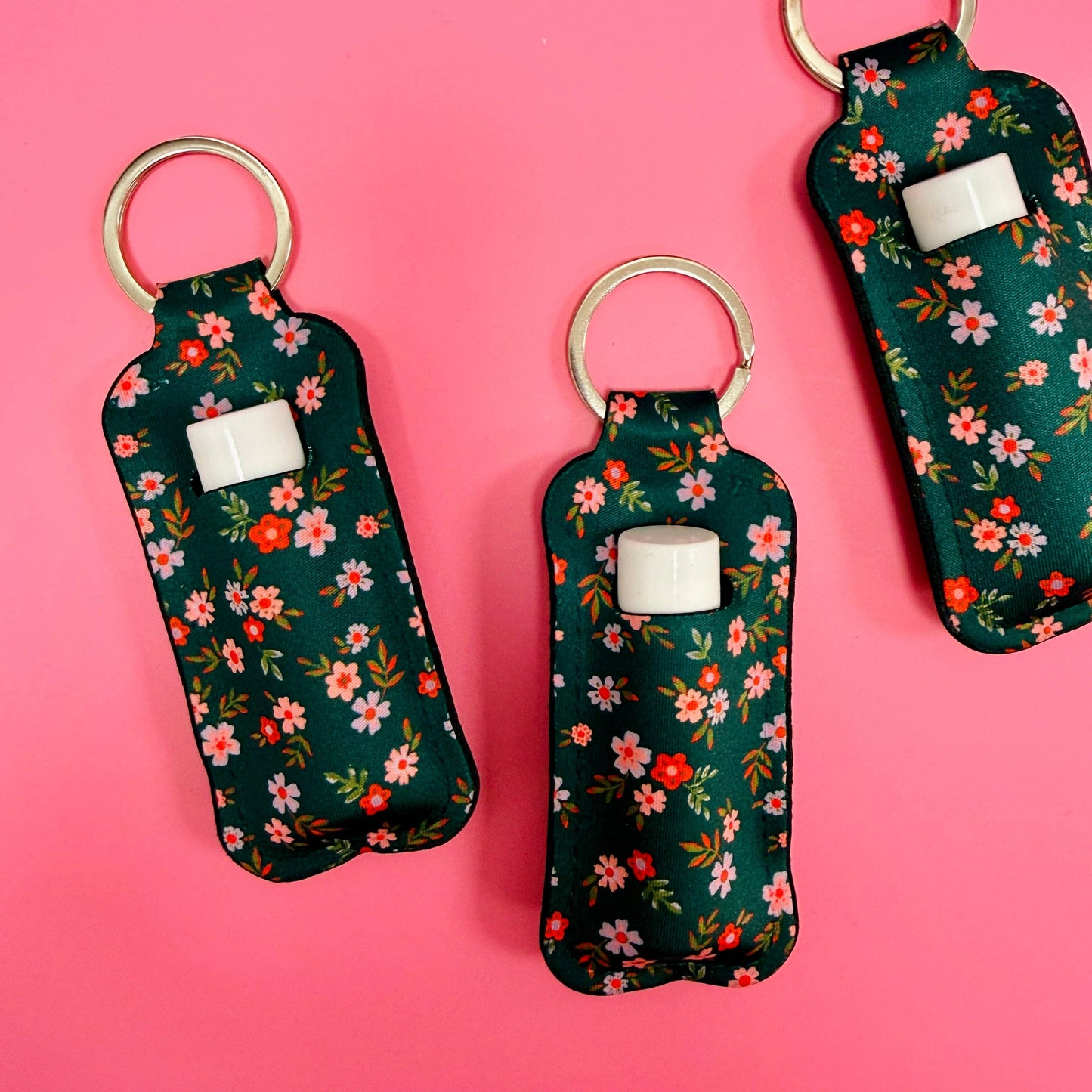 Chapstick Holder Keychain, Green Floral Pattern