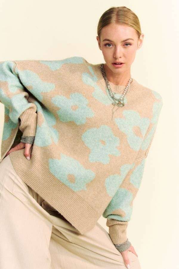 FLORAL LONG SLEEVE LOOSE FIT PULLOVER KNIT SWEATER