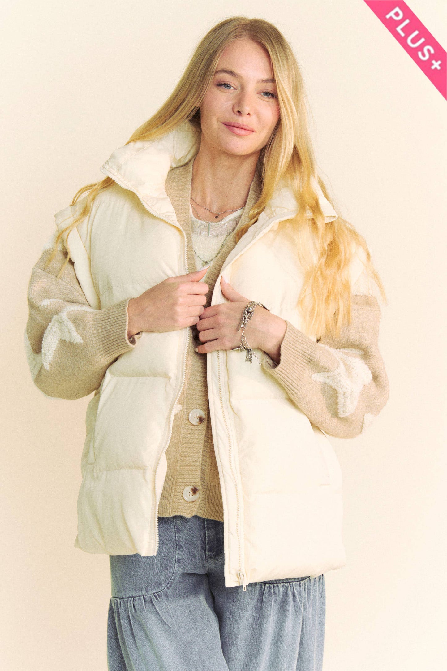 PLUS SOLID SLEEVELESS ZIPPER PUFFER JACKET VEST