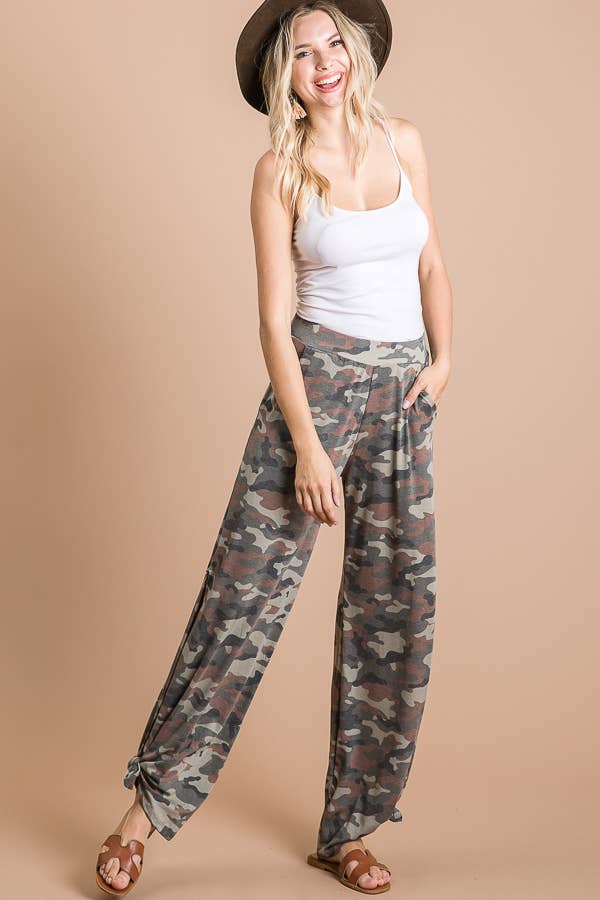 Camo Print Split Side Ankle Tie Women's Casual Pants P3585