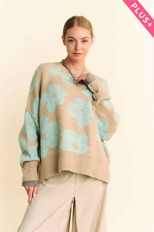 PLUS FLORAL LONG SLEEVE LOOSE FIT PULLOVER SWEATER