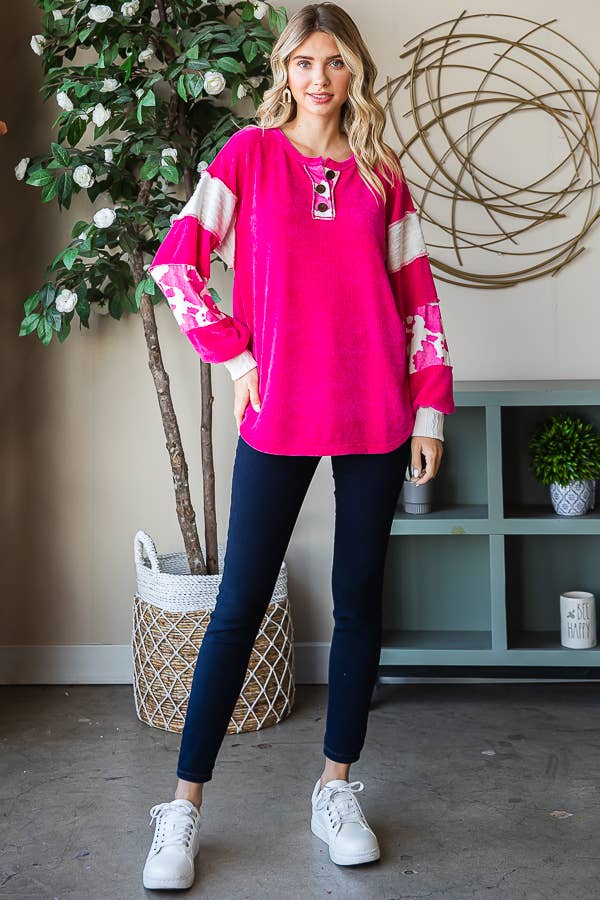 [PLUS SIZE] Animal Print Accent Button Front PulloverT5371XL