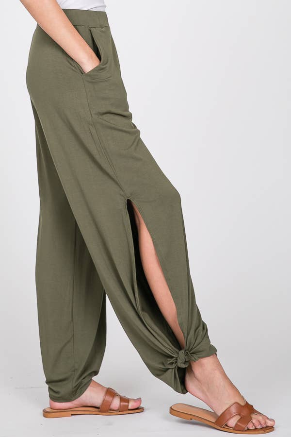 Solid Elastic Waist Side Slit Ankle Tie Pants