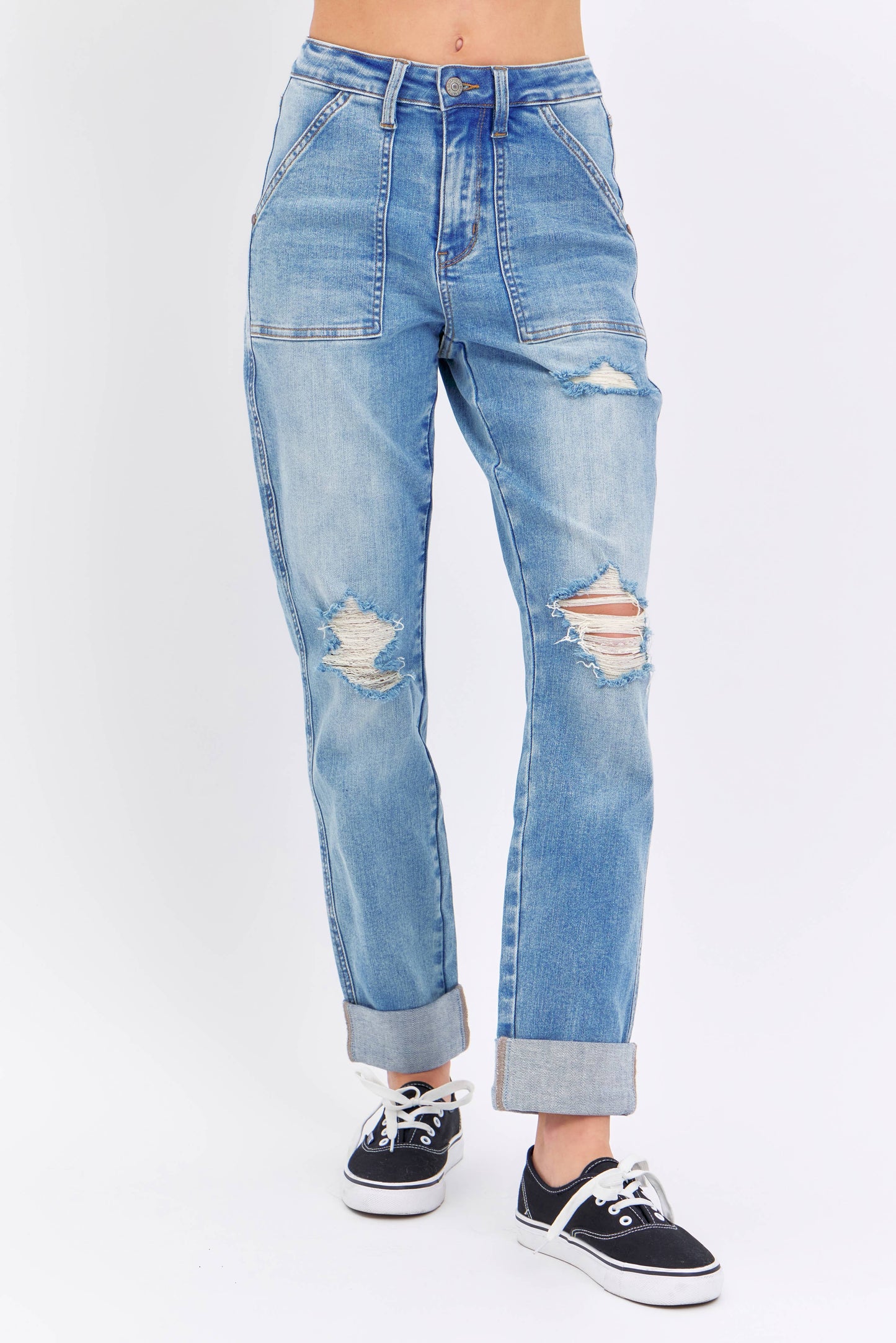 High Waisted Distressed Boyfriend with Patch Pockets - PLUS
