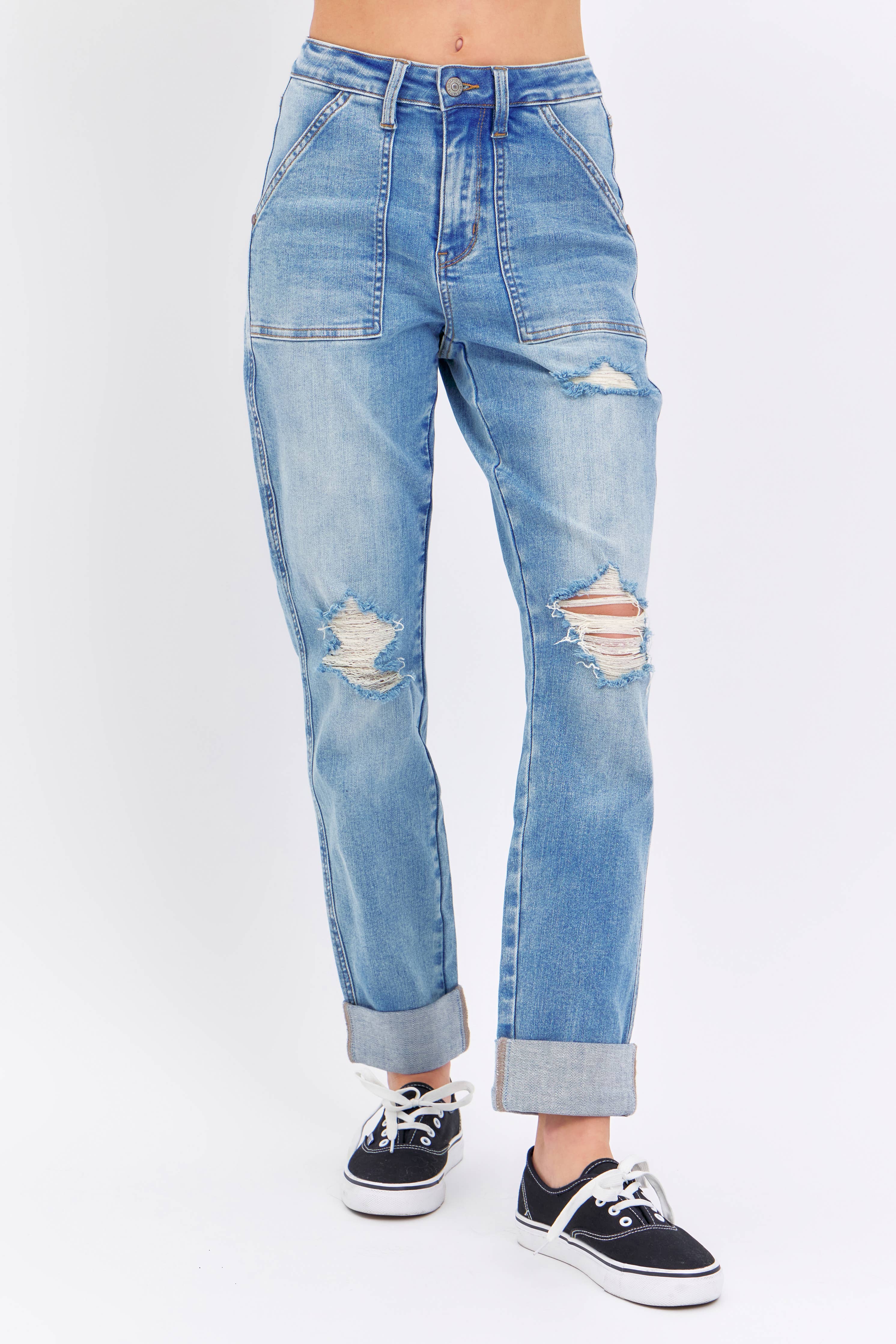 High Waisted Distressed Boyfriend with Patch Pockets - PLUS