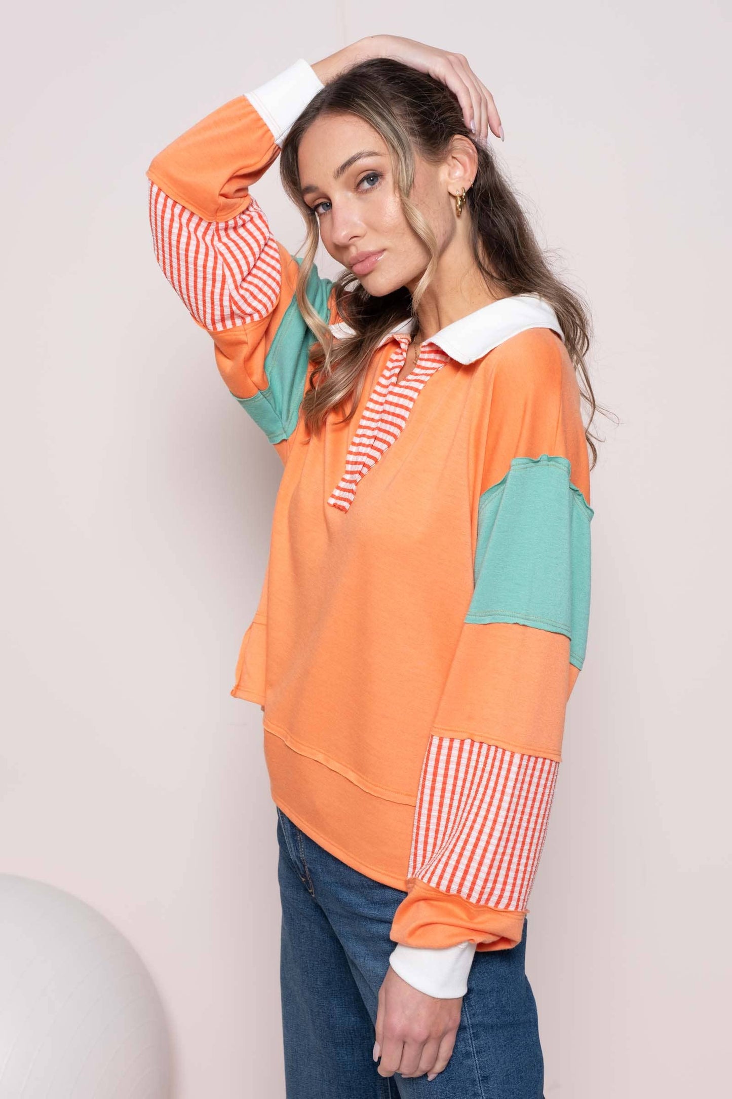 Plus color block collared top with striped panels-PLT11201