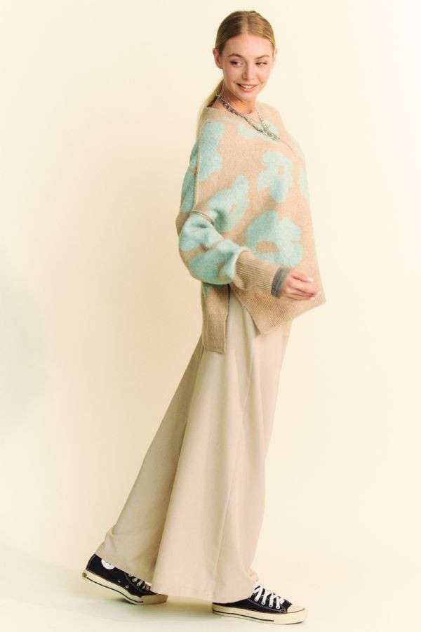 PLUS FLORAL LONG SLEEVE LOOSE FIT PULLOVER SWEATER