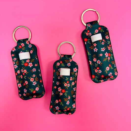 Chapstick Holder Keychain, Green Floral Pattern