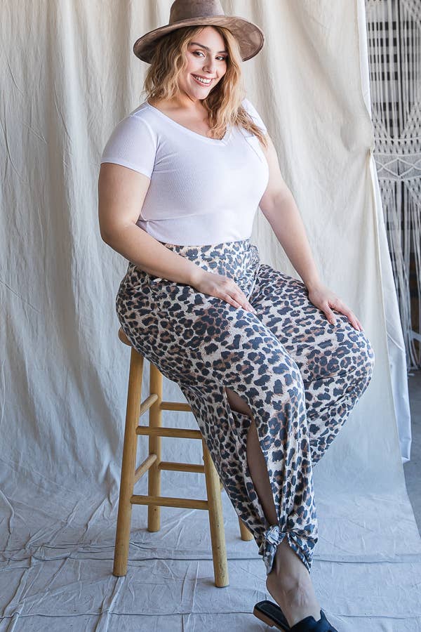 Leopard Print Side Slit Ankle Tie Pants Curvy