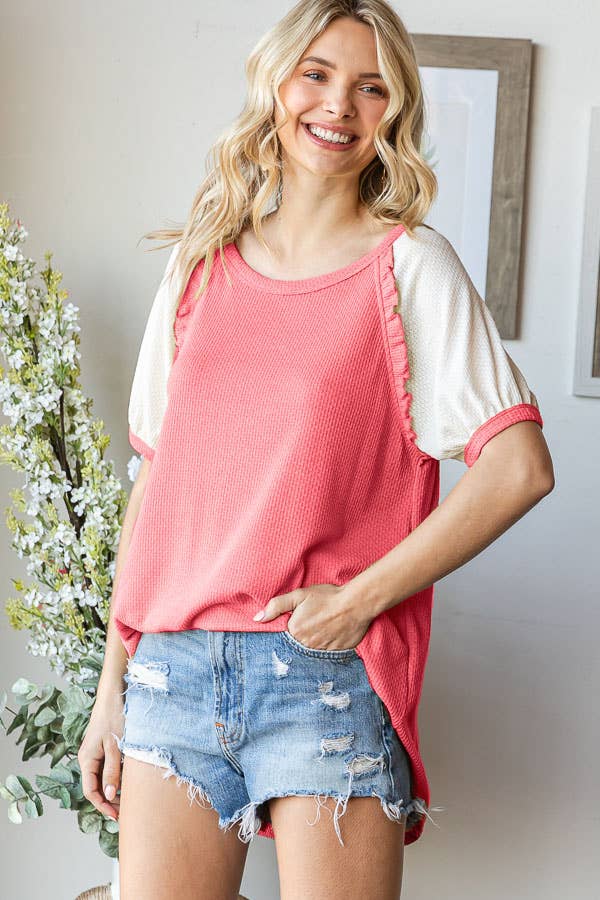 Ruffle Trim Lace Contrast Raglan Short Sleeve Top