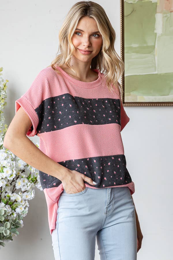 Floral Rib Side Slit Hi Low Banded Short Sleeve Top