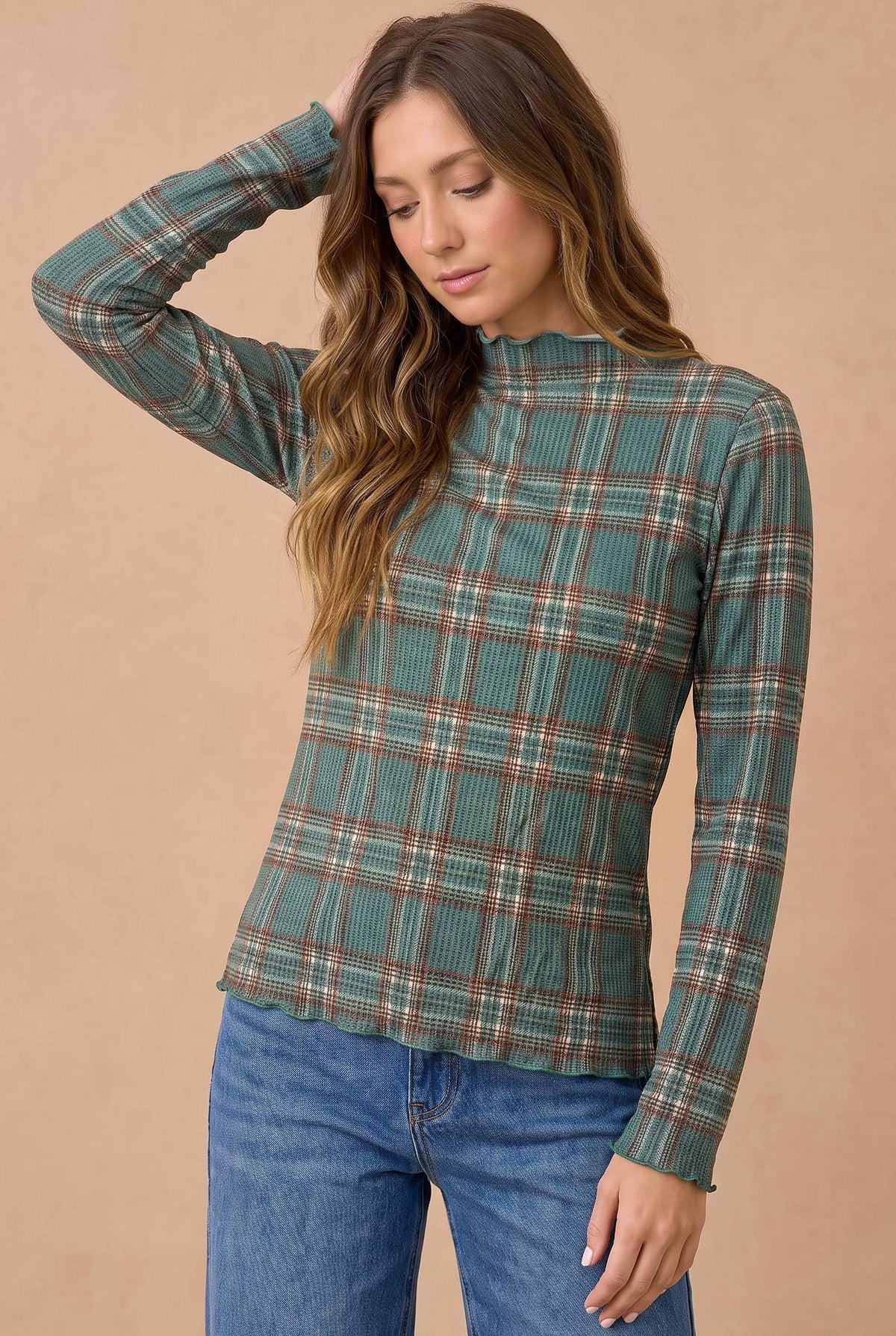 Plaid Mock Neck Frilled Hem Top