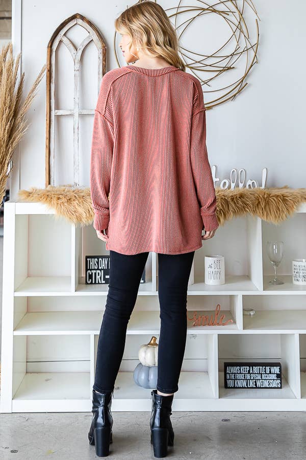 [PLUS SIZE] Rib V-Neck Drop Shoulder Long Sleeve Top T5240XL