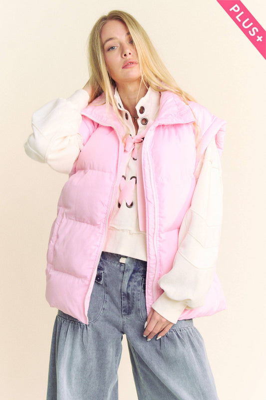 PLUS SOLID SLEEVELESS ZIPPER PUFFER JACKET VEST