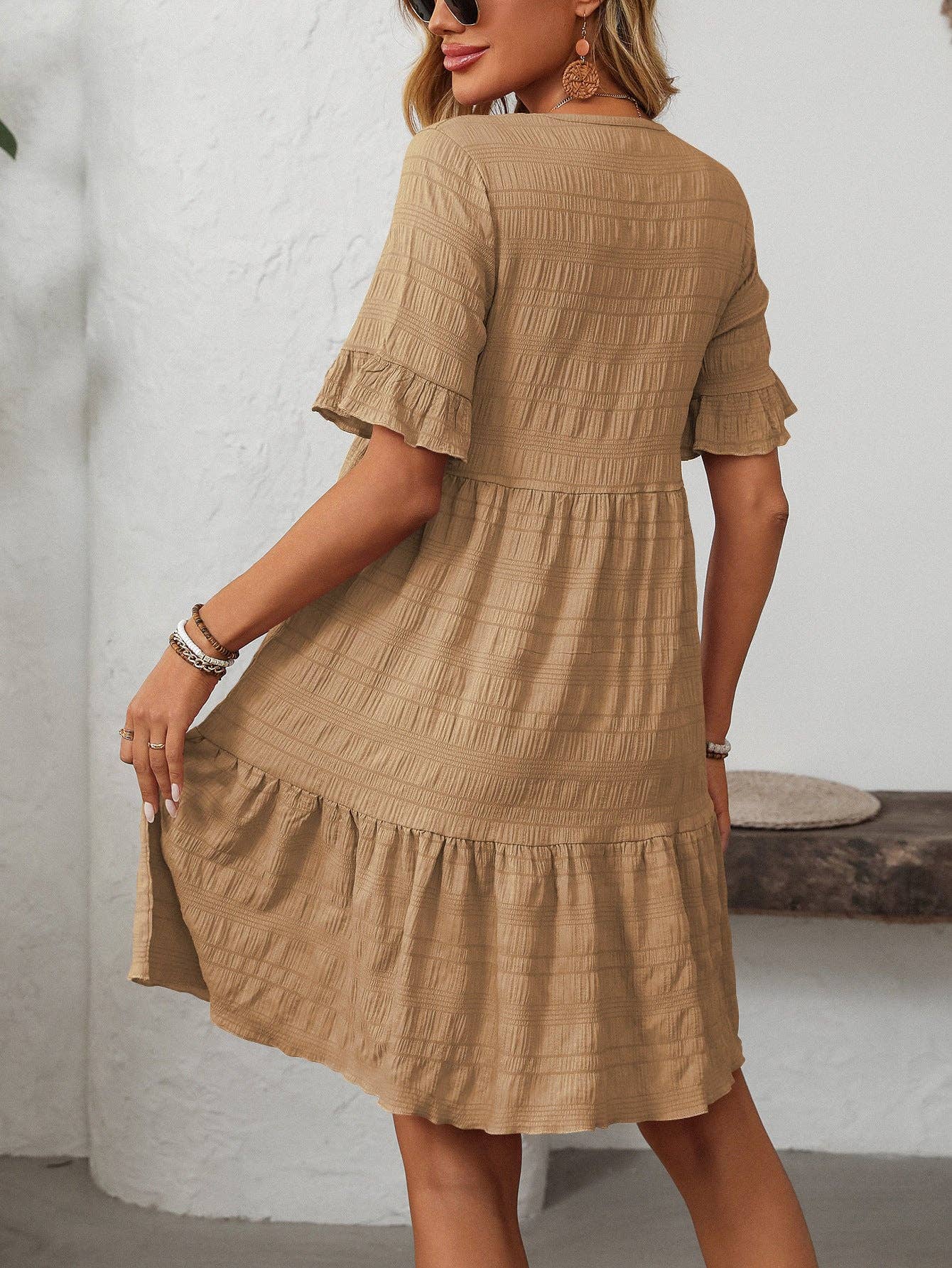 Women Ruffle Sleeve A Line Tiered Flowy Casual Trendy Mini Dress