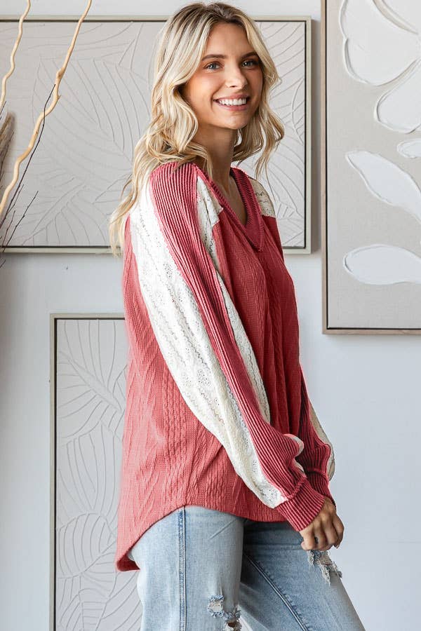 Cable Knit Color Block V Neck Long Sleeve Top T5694
