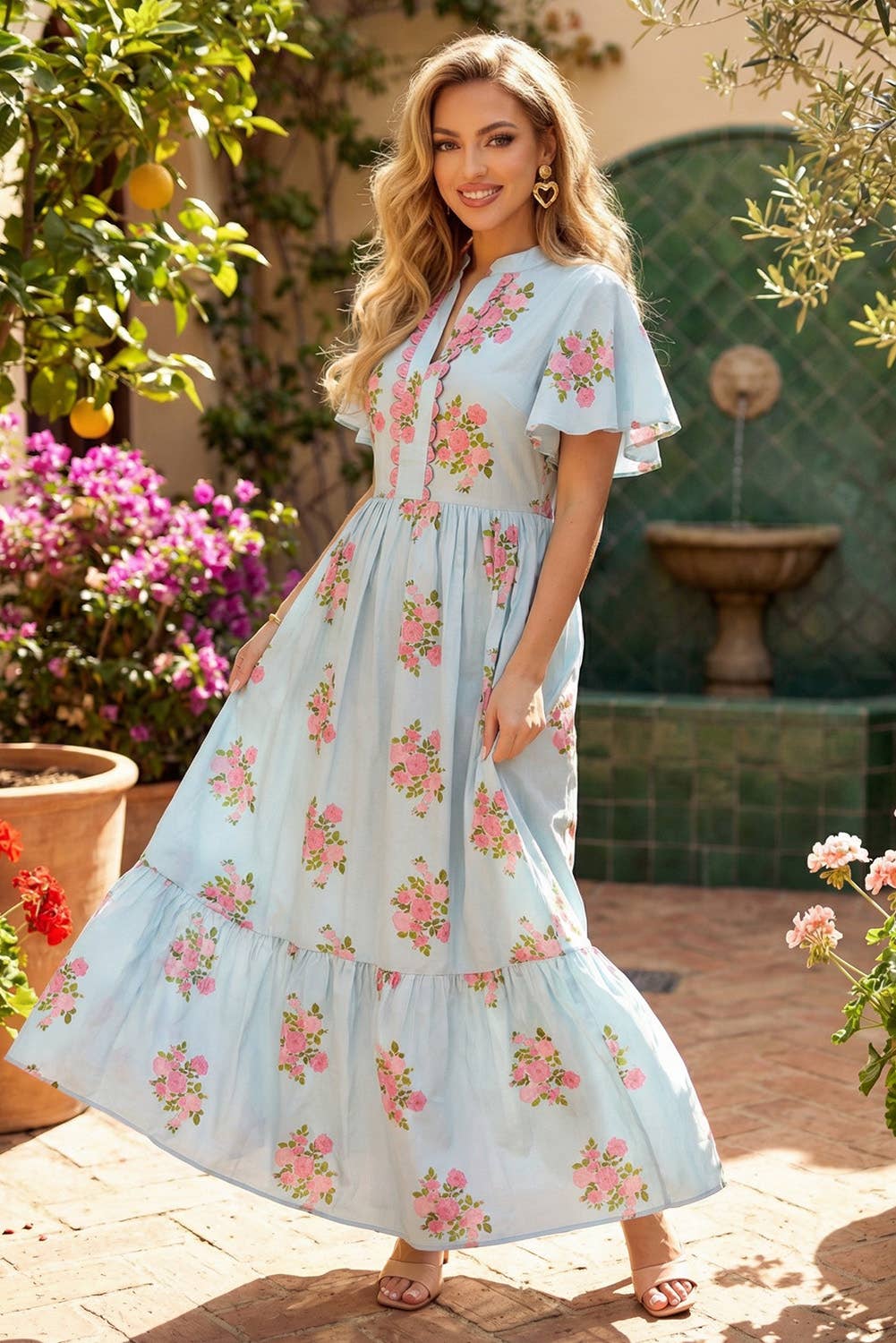 Spring 2026 V Neck Flutter Short Sleeve Floral Maxi Dresses