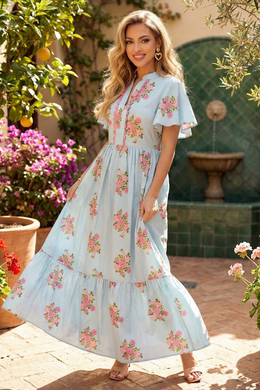 Spring 2026 V Neck Flutter Short Sleeve Floral Maxi Dresses