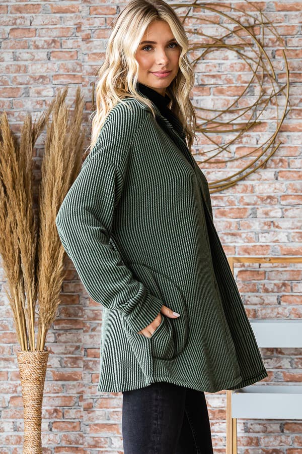 Solid Rib Button Down Side Pockets Long Sleeve Shacket T5256