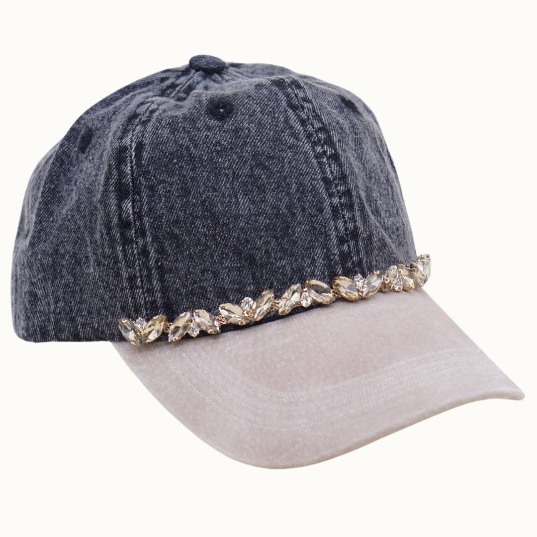 Washed Denim Cap + Suede Leather Brim Bejeweled Glitz 2Tone
