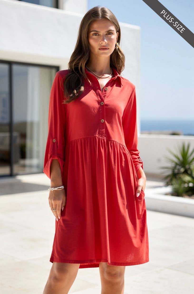 Collared Shirt Dress w/ Pockets Curvy