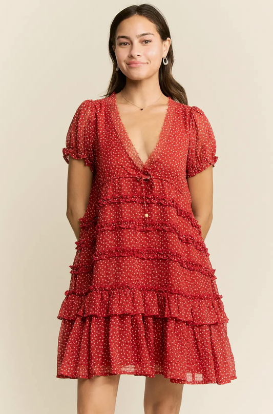 V- Neck Polka Dot Tier Mini Dress
