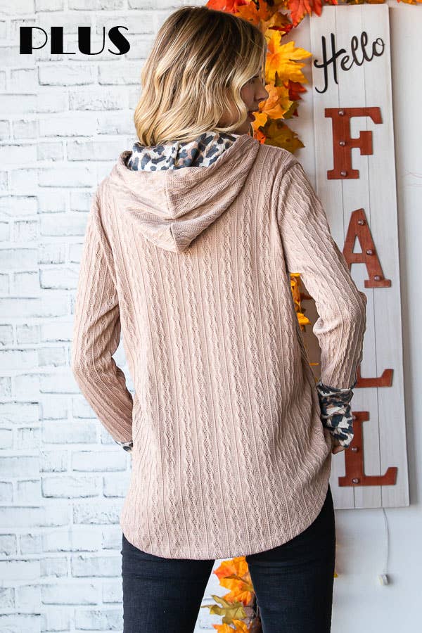 Plus Size Cable Knit Leopard Accent Thumbhole HoodieT4892XL