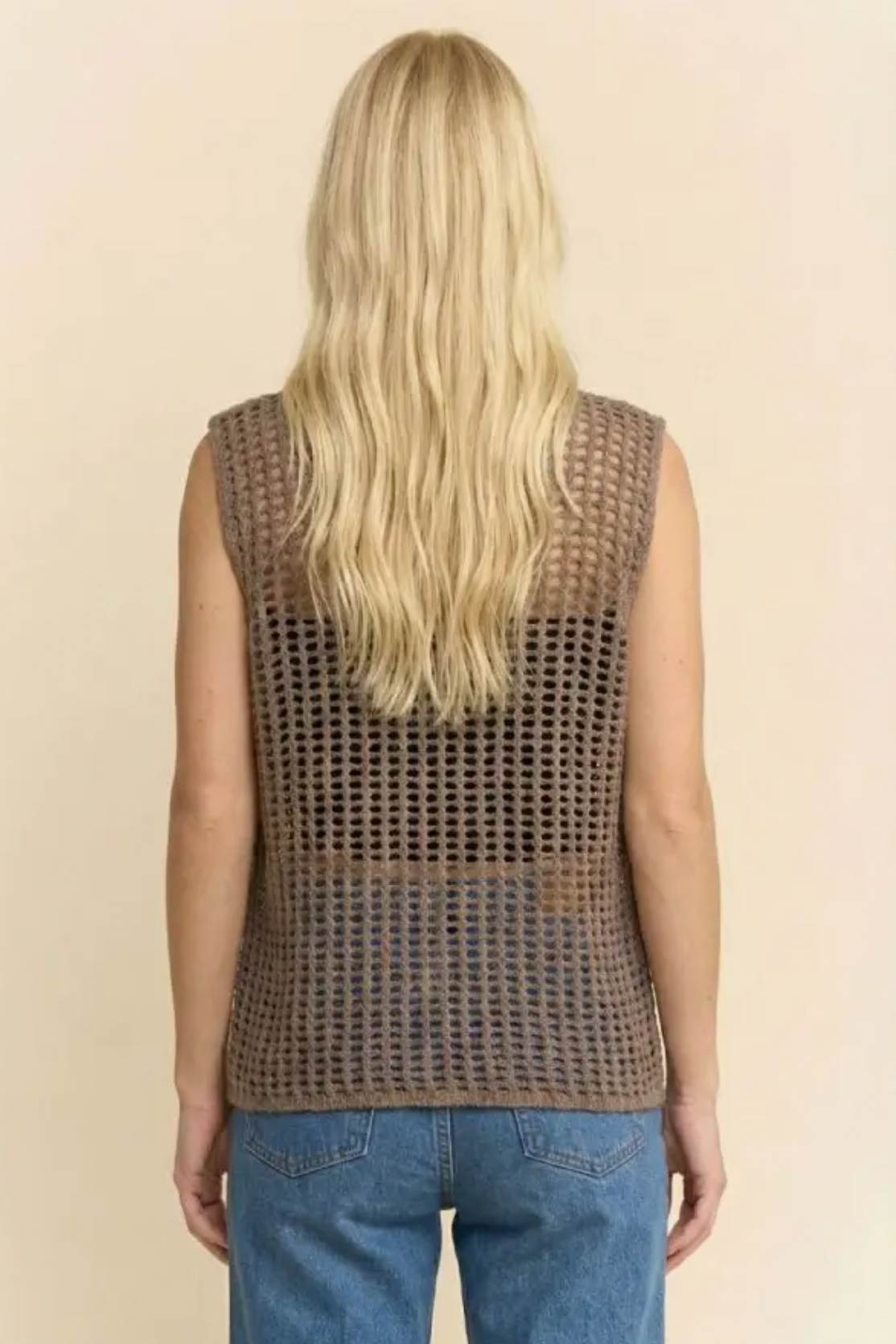 Open Mesh Crochet V-Neck Sweater Vest- Curvy