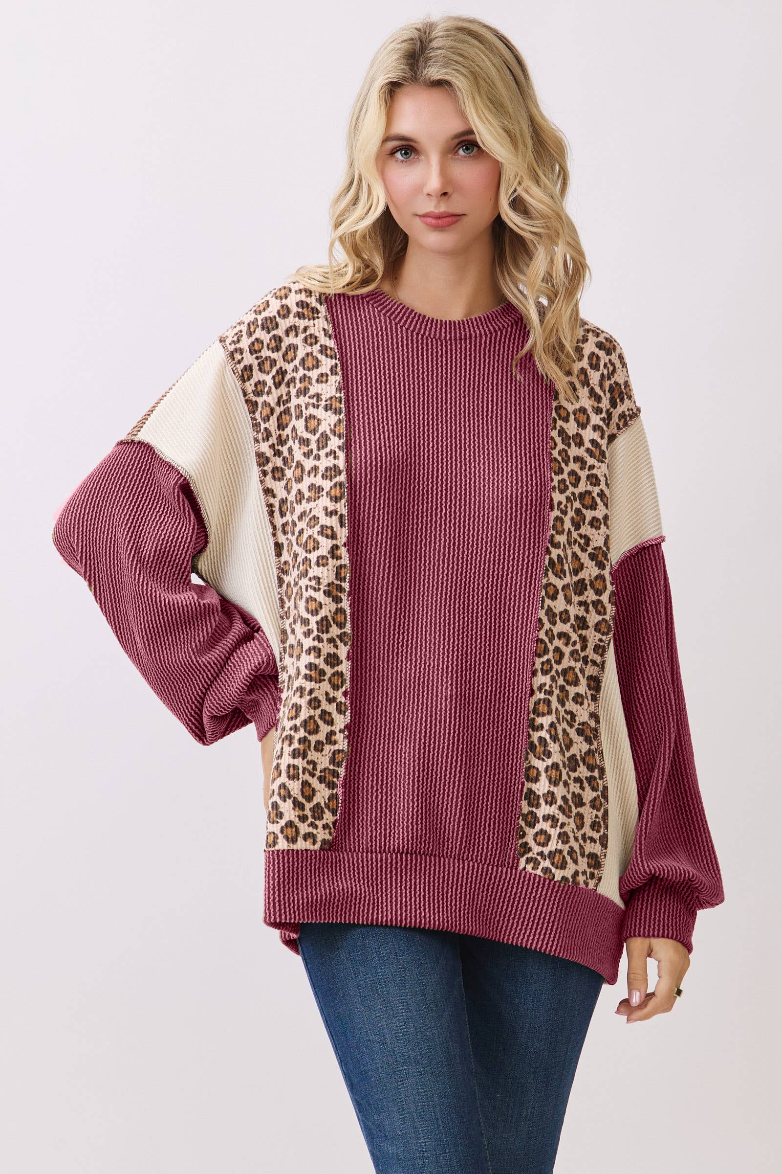 Color Block Rib Knit Oversized Pullover Top T6109