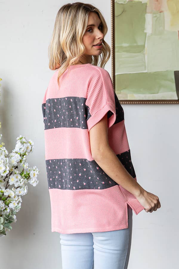 Floral Rib Side Slit Hi Low Banded Short Sleeve Top
