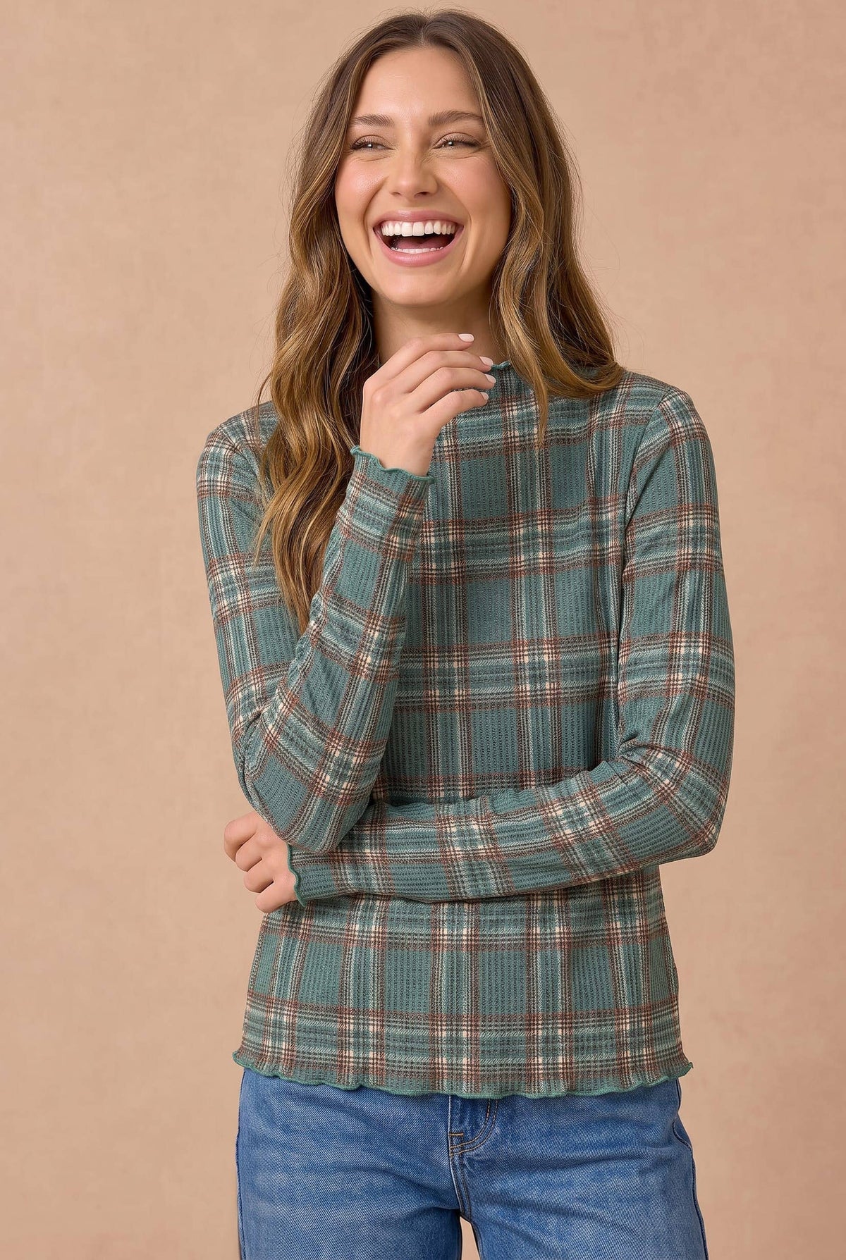 Plaid Mock Neck Frilled Hem Top Curvy