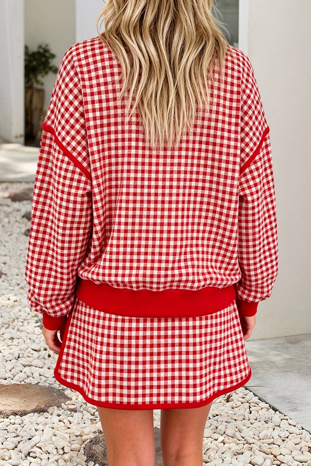 Gingham Oversized Contrast Trim Crew Neck Top and Skirt Set