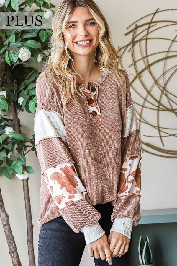 [PLUS SIZE] Animal Print Accent Button Front PulloverT5371XL