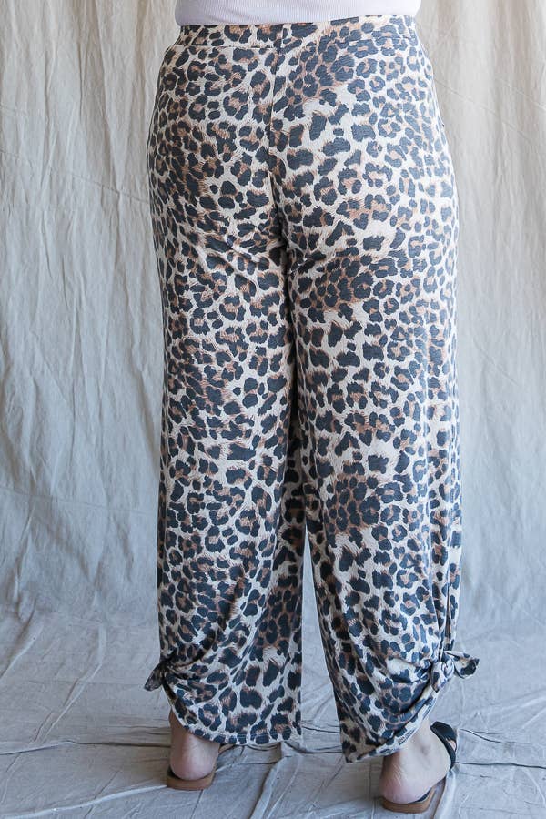 Leopard Print Side Slit Ankle Tie Pants Curvy