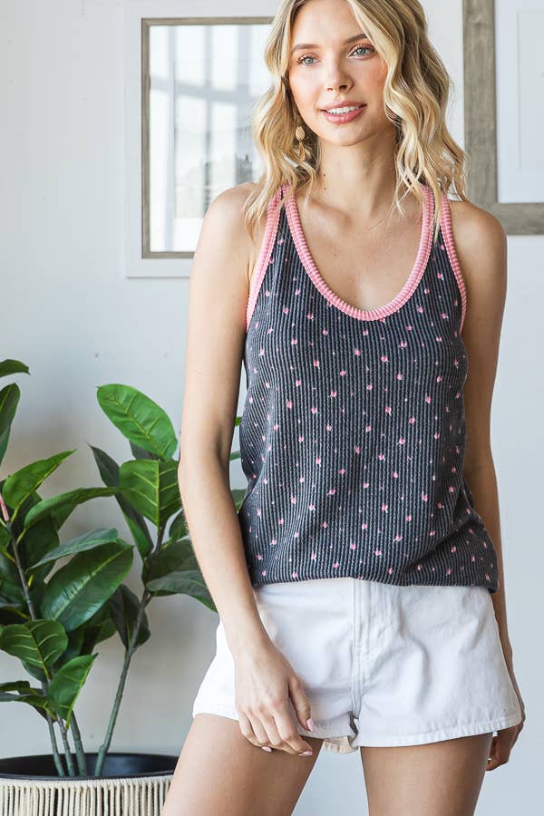 Curvy Floral Rib Scoop Neckline Tank Top