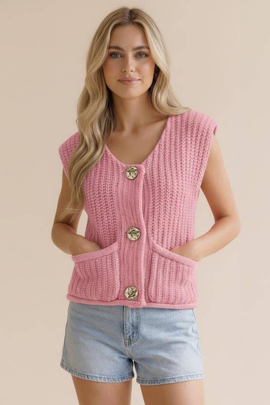 Gold Button Down Chunky Sweater Vest Curvy