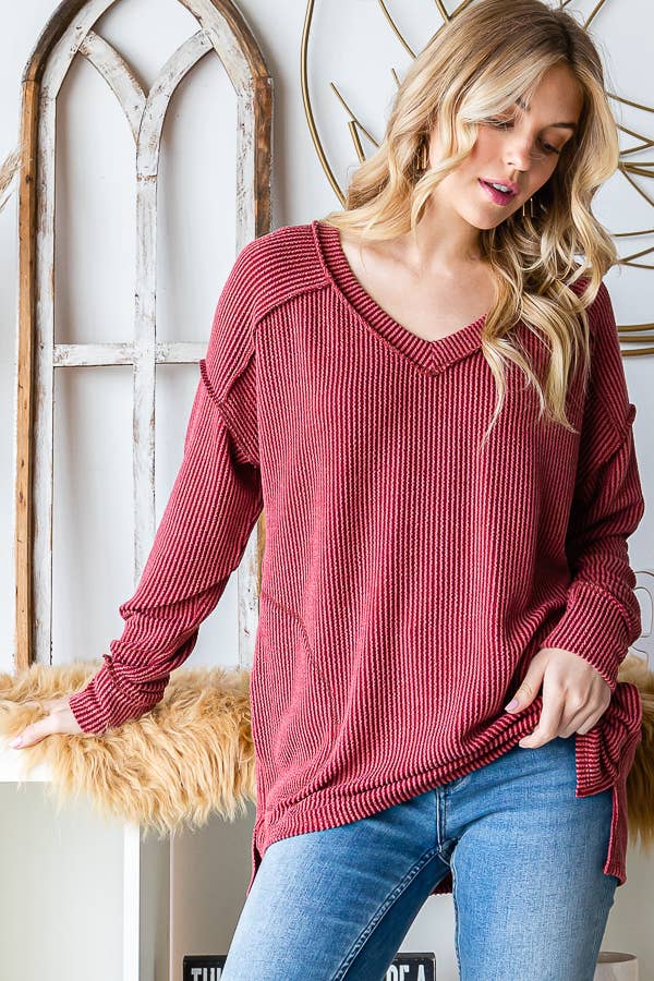 [PLUS SIZE] Rib V-Neck Drop Shoulder Long Sleeve Top T5240XL
