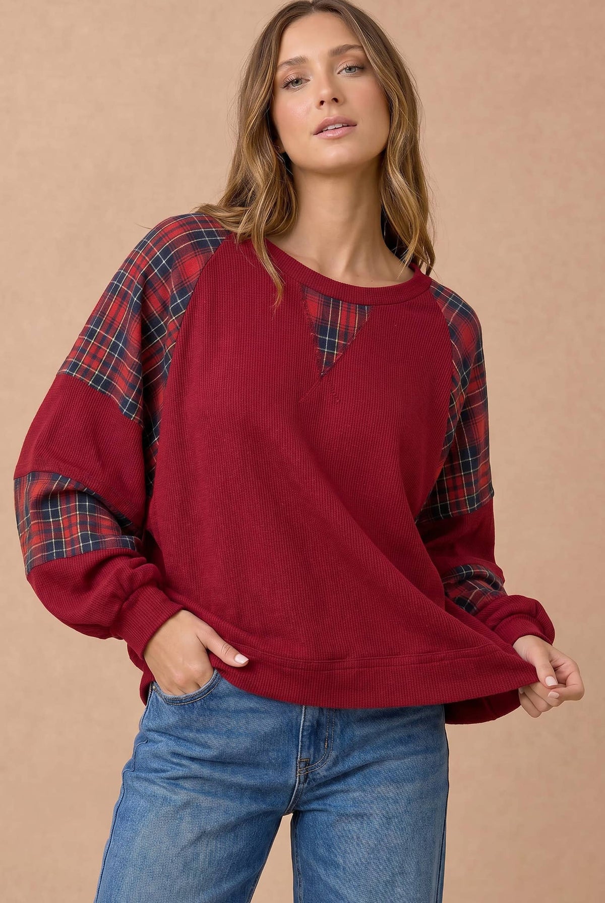 Plaid Contrast Raglan Rib Knit Pullover Curvy