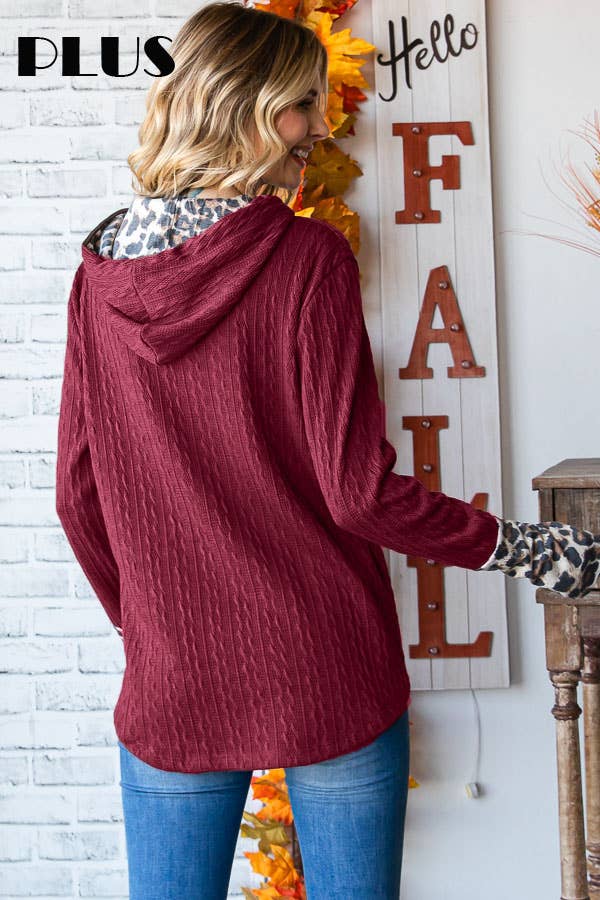 [PLUS SIZE]Cable Knit Leopard Accent Thumbhole HoodieT4892XL