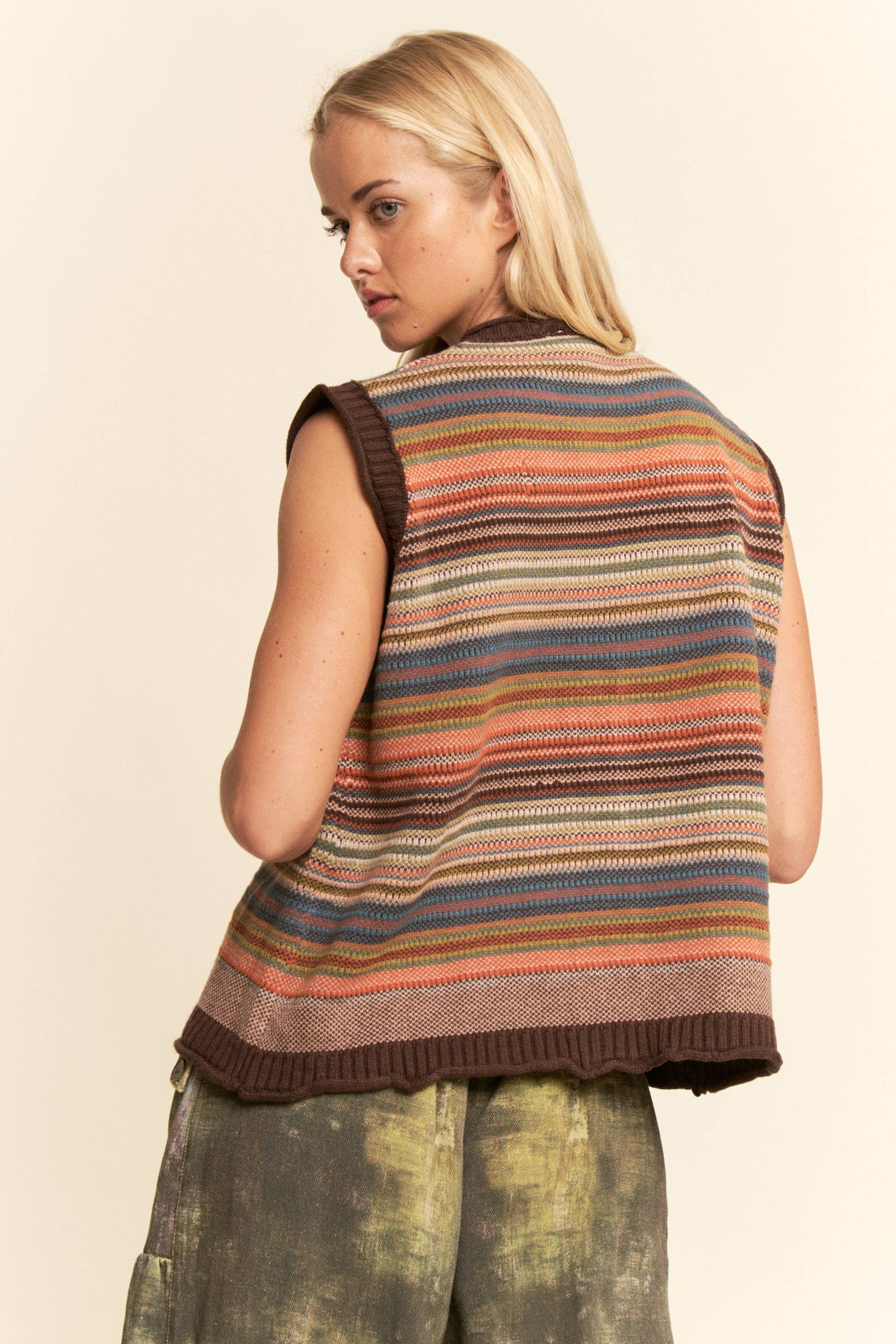 BUTTON-DOWN FRONT MULTICOLOR STRIPES RIBBED TRIM