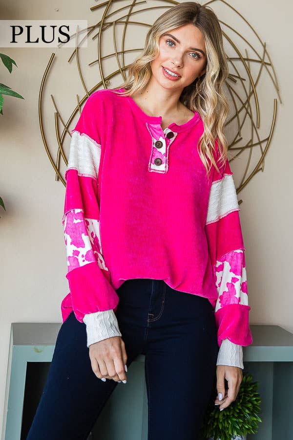 [PLUS SIZE] Animal Print Accent Button Front PulloverT5371XL