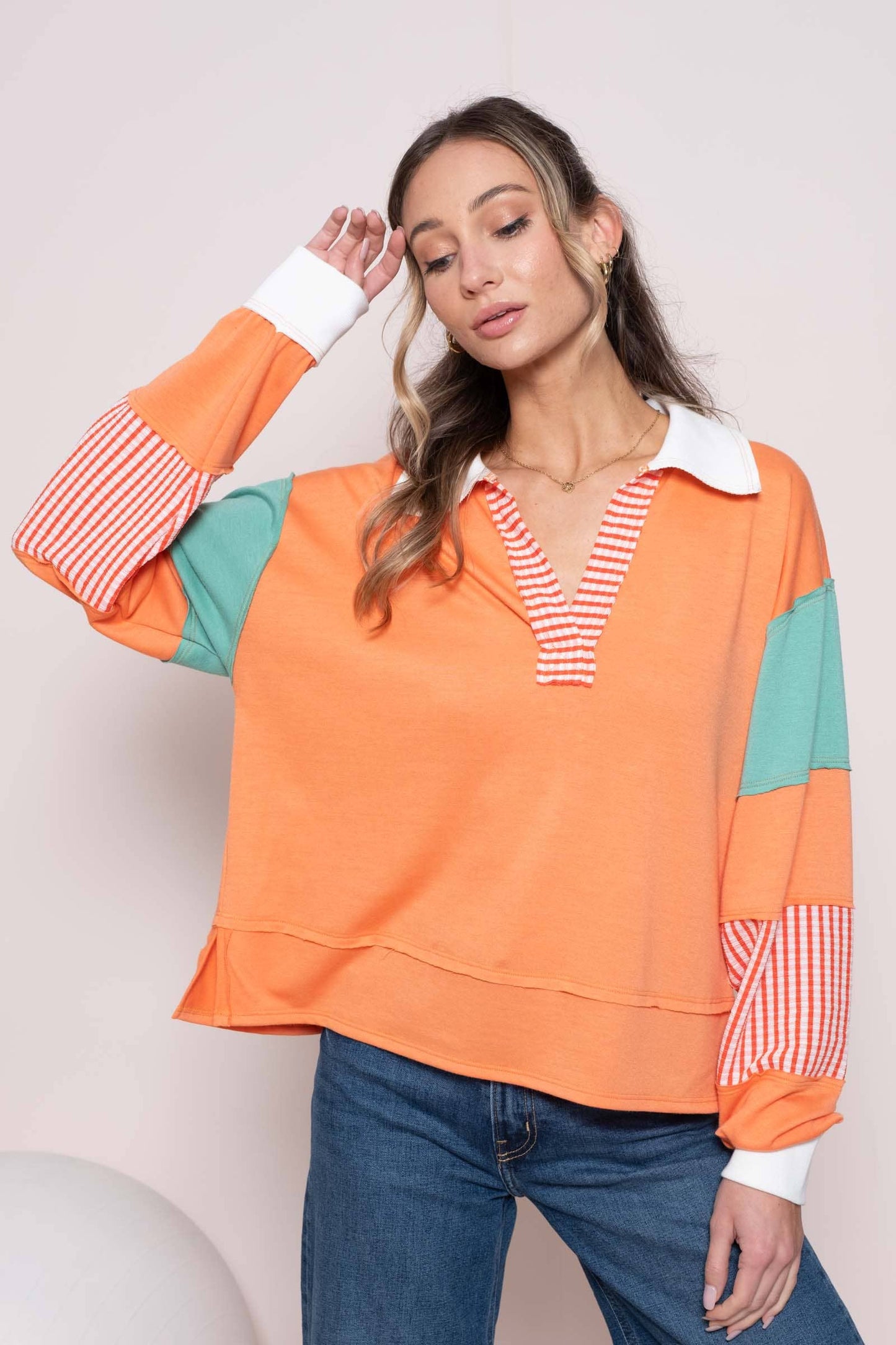 Plus color block collared top with striped panels-PLT11201