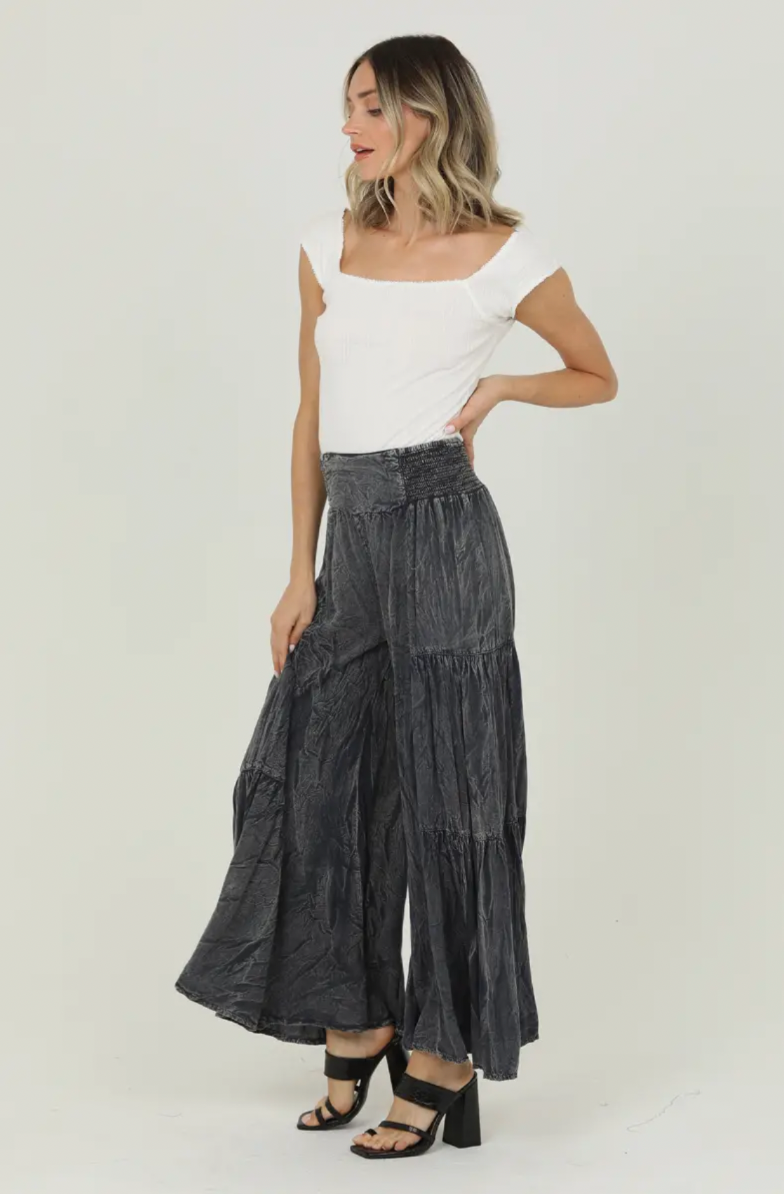 Acid Wash Tiered Wide Leg Pants