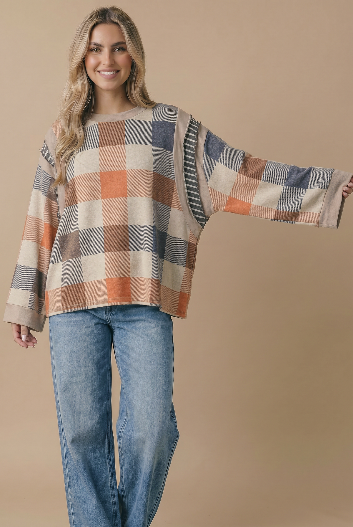 Plaid Colorblock Pullover Knit Top
